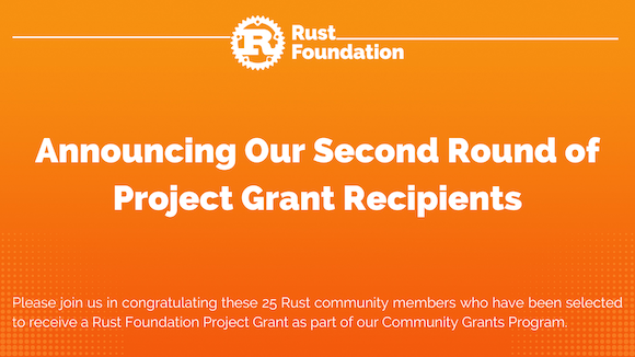 Project Grant Announcement Orange gradient background with white rust foundation logo up top (letter "R" inside gear icon) with the following white heading text: "Announcing Our Latest Round of Project Grant Recipients”. Underneath is a smaller subheading that reads “Please join us in congratulating these 25 Rust community members who have been selected to receive a Rust Foundation Project Grant as part of our Community Grants Program.”