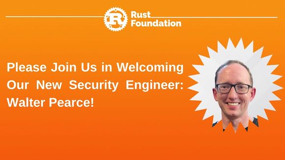 Walter Pearce Announcement Heading reads "Please Join Us in Welcoming Our New Security Engineer:  Walter Pearce!". A headshot of Walter Pearce Appears to the right of the heading text inside of a circular, zig-zag frame.